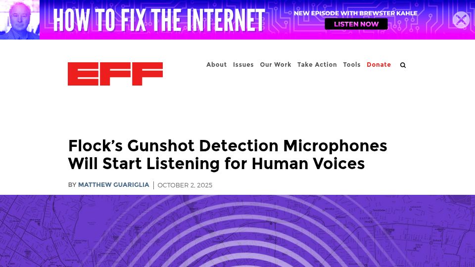 Screenshot of eff.org: Flock's gunshot detection microphones will start listening for human voices