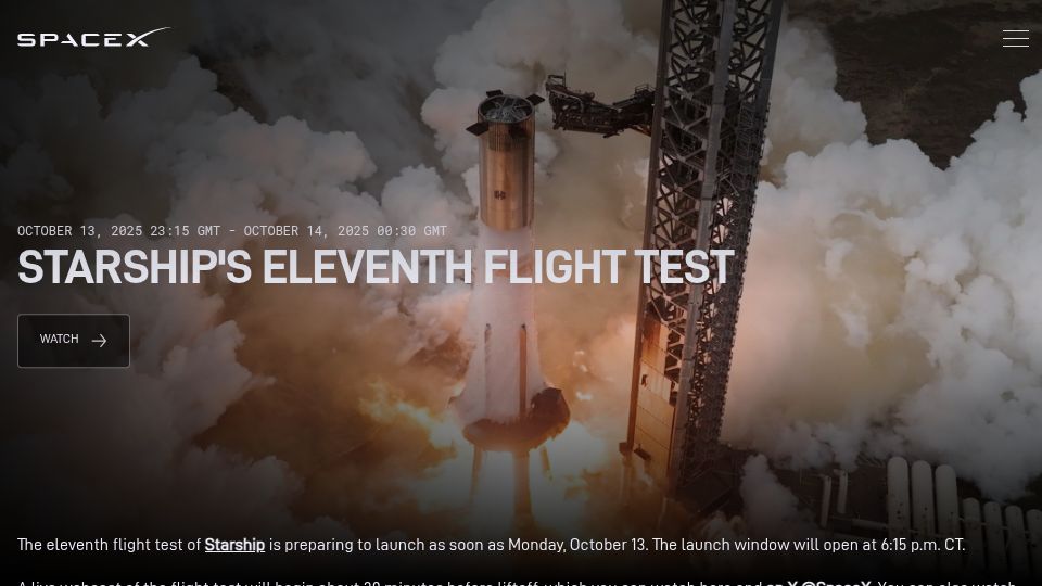 Screenshot of spacex.com: Starship's eleventh flight test