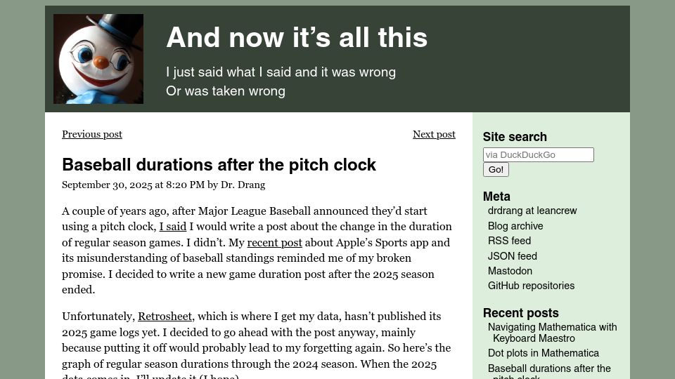 Screenshot of leancrew.com: Baseball durations after the pitch clock
