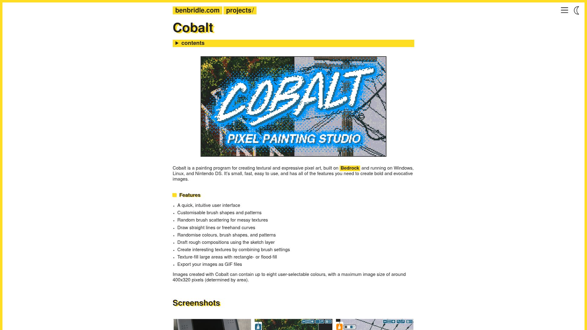 Screenshot of benbridle.com: Show HN: Cobalt – a pixel-art painting studio for the Nintendo DS