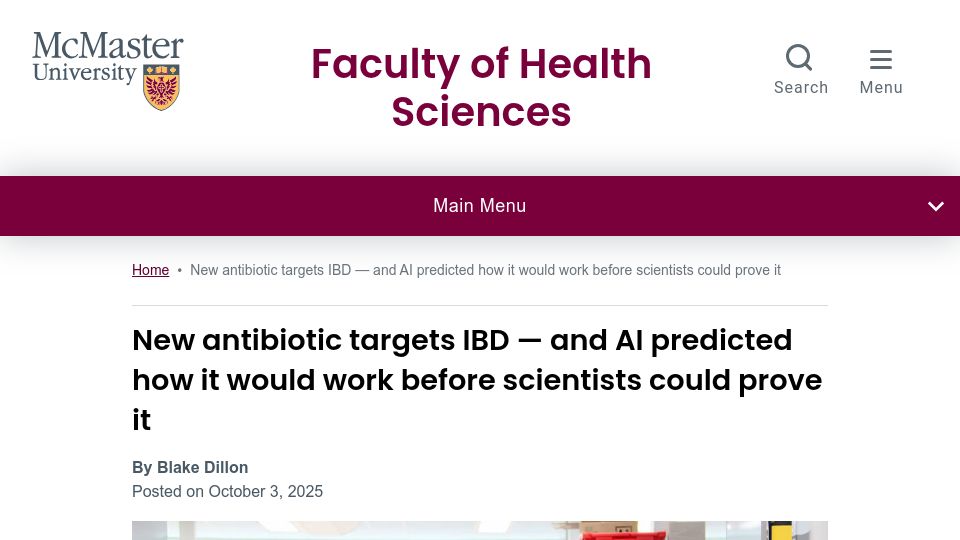 Screenshot of healthsci.mcmaster.ca: New antibiotic targets IBD and AI predicted how it would work
