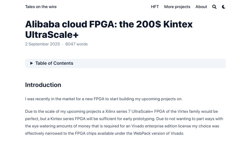Screenshot of essenceia.github.io: Alibaba cloud FPGA: the $200 Kintex UltraScale+