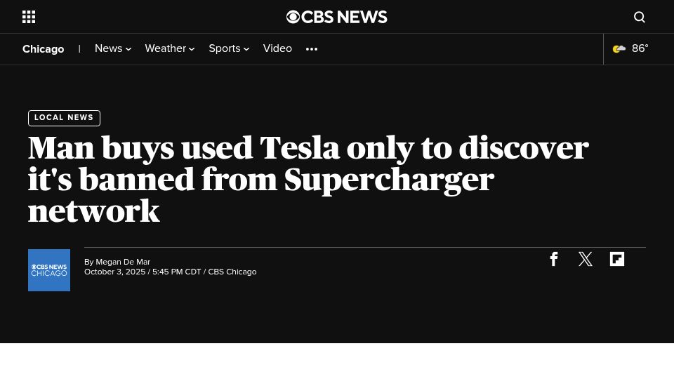 Screenshot of cbsnews.com: Man buys used Tesla only to discover it's banned from Supercharger network