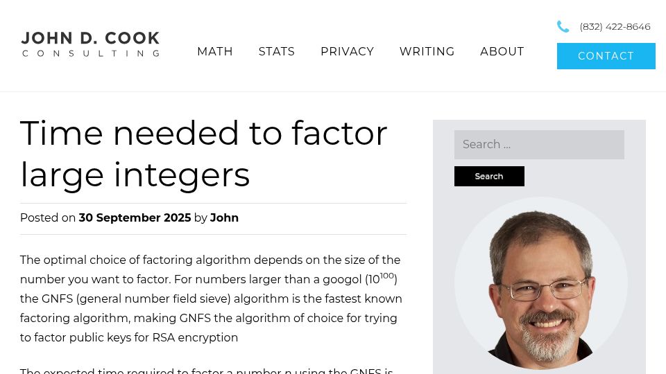 Screenshot of johndcook.com: Time needed to factor large integers