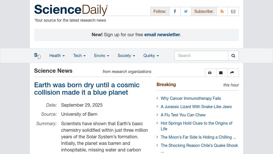 Screenshot of sciencedaily.com: Earth was born dry until a cosmic collision made it a blue planet