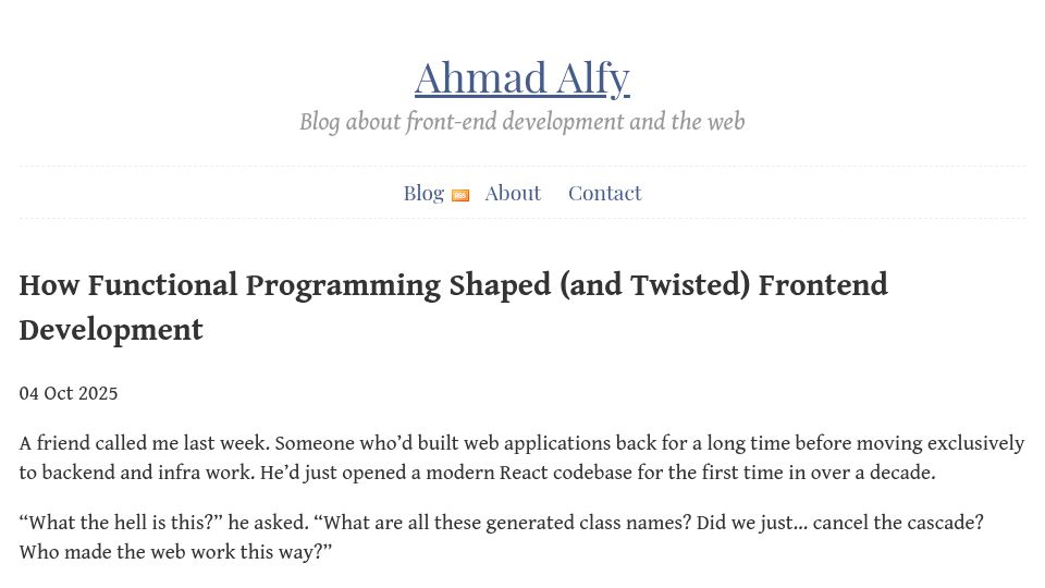 Screenshot of alfy.blog: How functional programming shaped and twisted front end development