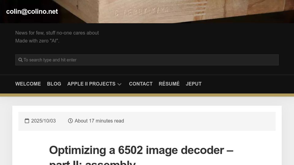 Screenshot of colino.net: Optimizing a 6502 image decoder – part II: assembly