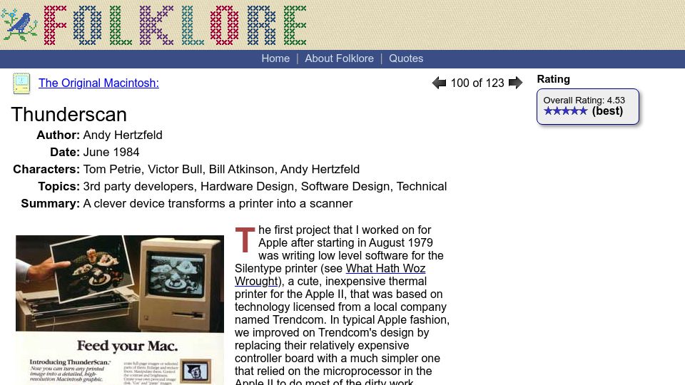 Screenshot of folklore.org: Thunderscan: A clever device transforms a printer into a scanner (2004)