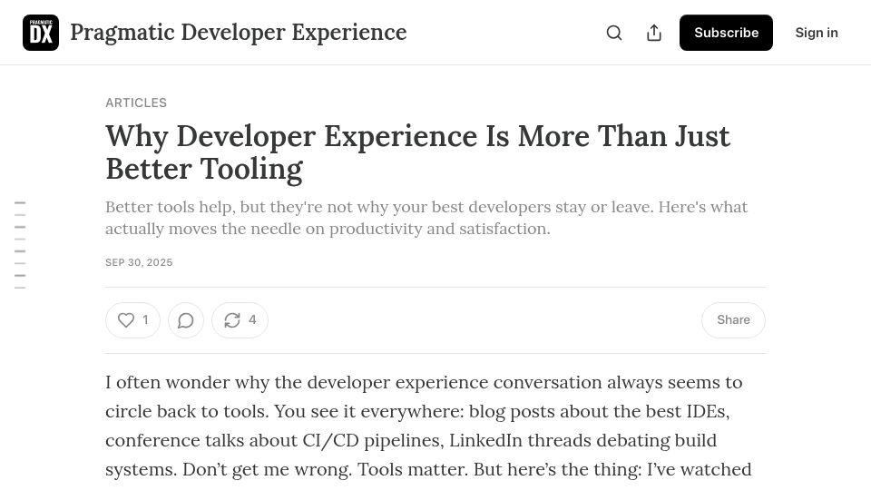Screenshot of blog.pragmaticdx.com: Why Developer Experience Is More Than Just Better Tooling
