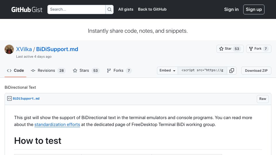 Screenshot of gist.github.com: BiDirectional text in the terminal emulators and console programs(2020)
