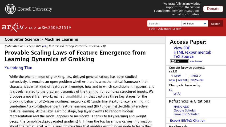 Screenshot of arxiv.org: Provable Scaling Laws of Feature Emergence from Learning Dynamics of Grokking