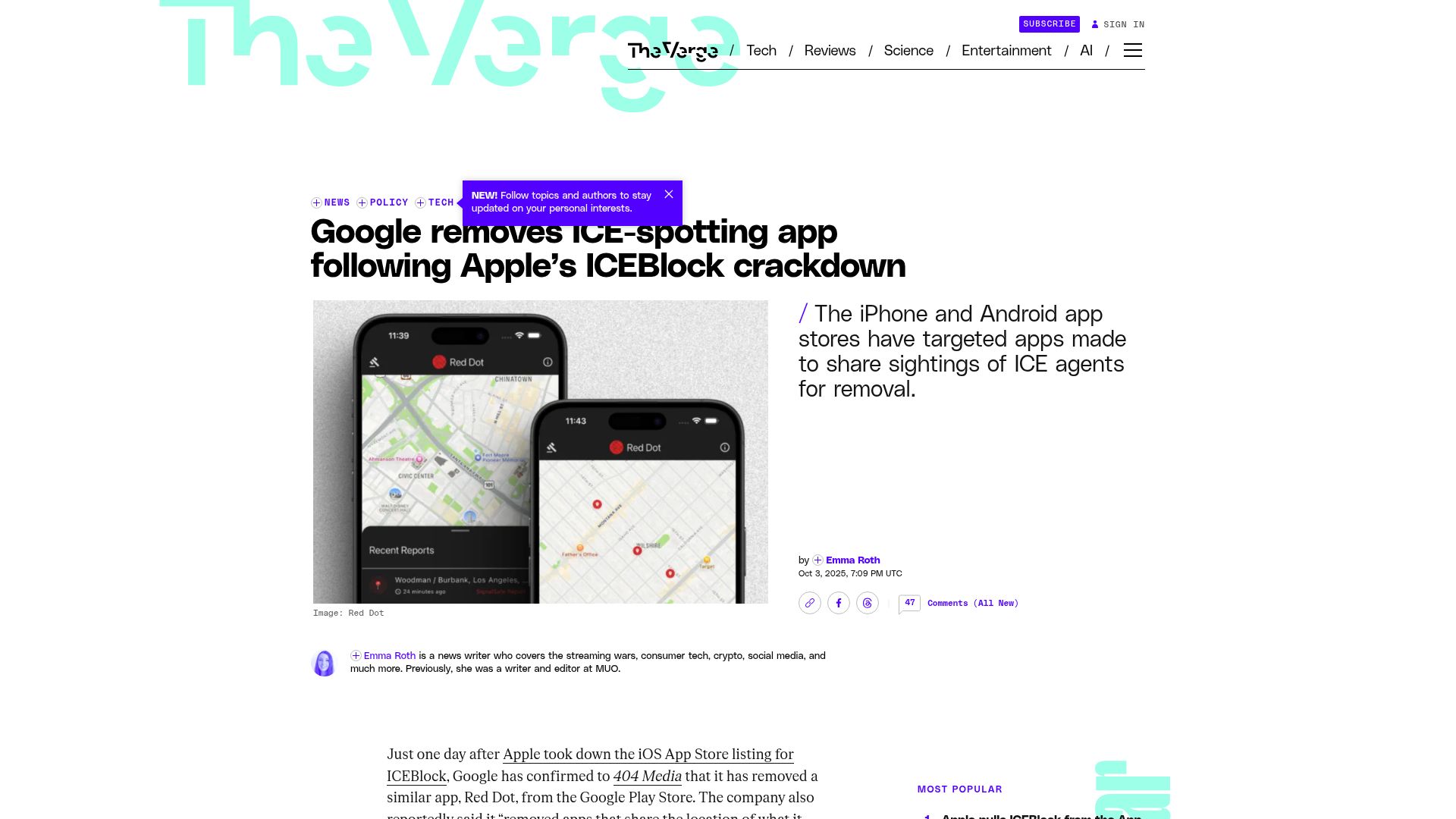 Screenshot of theverge.com: Google removes ICE-spotting app following Apple's ICEBlock crackdown