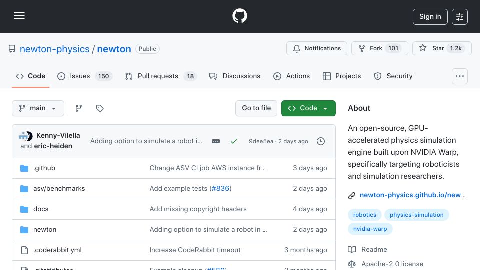 Screenshot of github.com: Newton: physics simulation engine built upon NVIDIA Warp