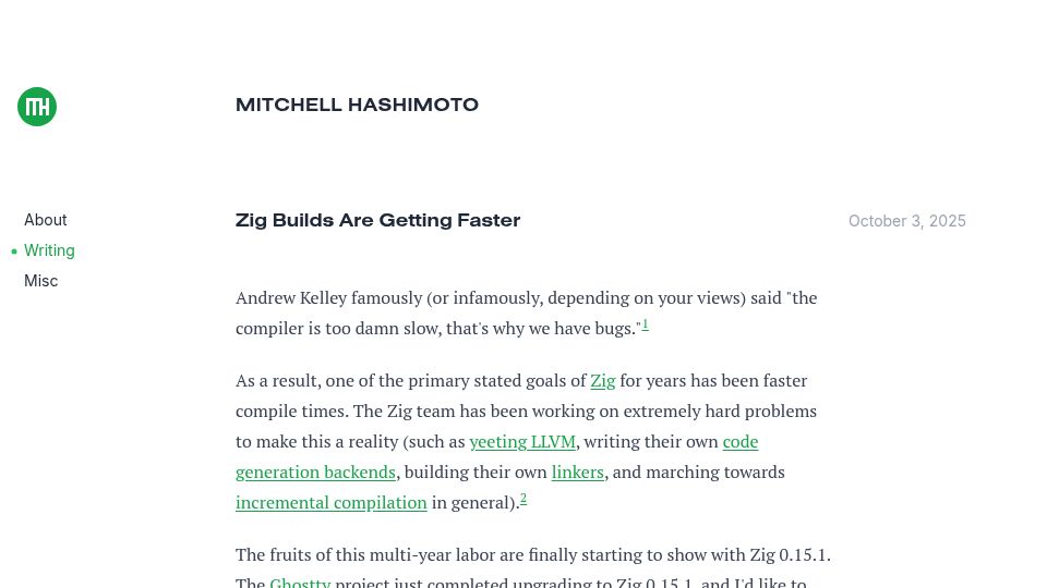 Screenshot of mitchellh.com: Zig builds are getting faster