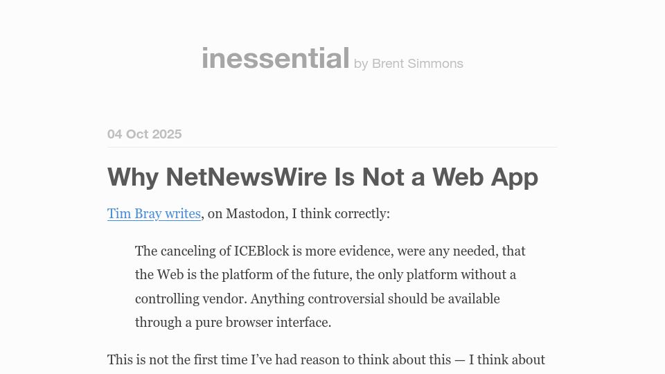 Screenshot of inessential.com: Why NetNewsWire Is Not a Web App