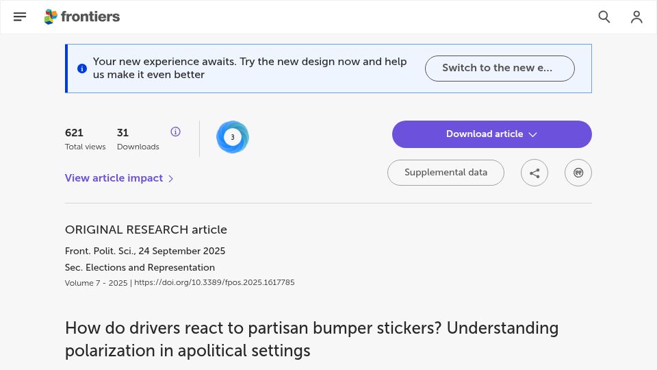 Screenshot of frontiersin.org: How do drivers react to partisan bumper stickers?