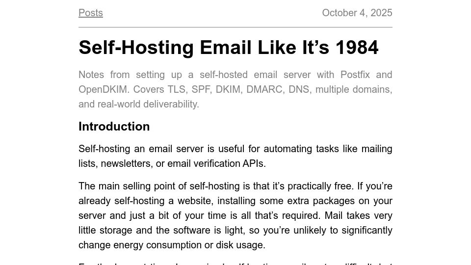 Screenshot of maxadamski.com: Self-hosting email like it's 1984