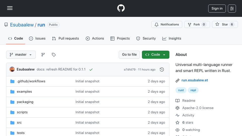 Screenshot of github.com: Show HN: Run – a CLI universal code runner I built while learning Rust