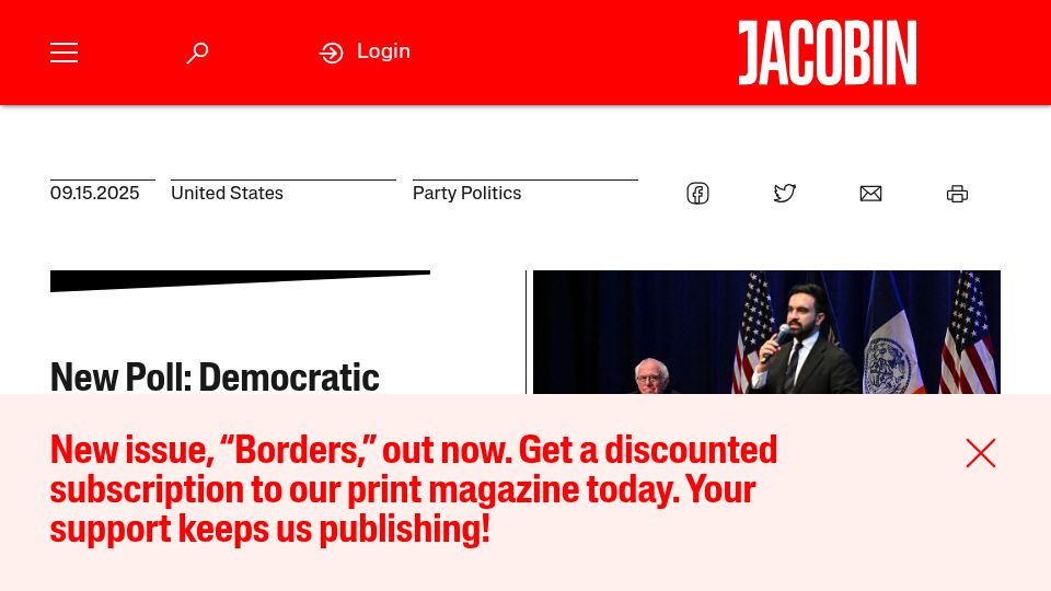 Screenshot of jacobin.com: New Poll: Democratic Socialism Is Now Mainstream