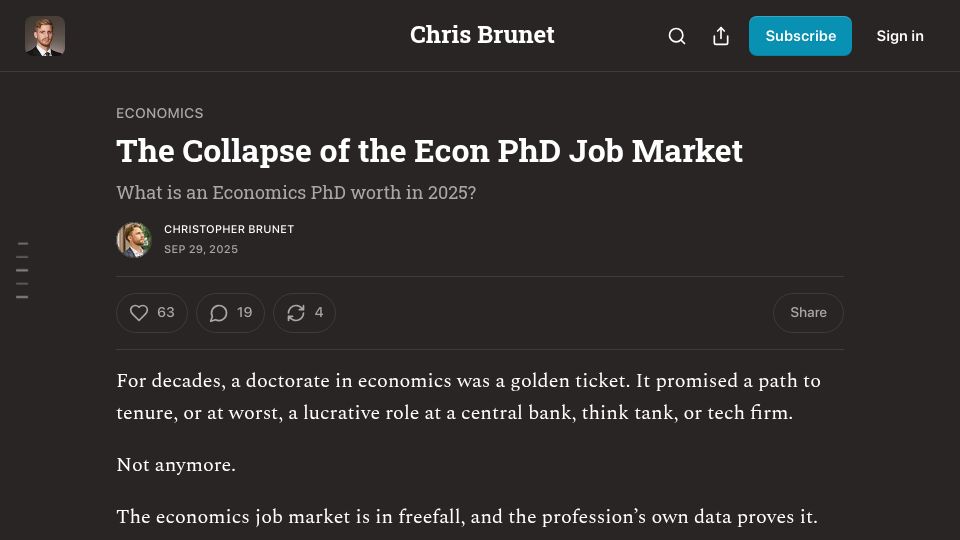 Screenshot of chrisbrunet.com: The collapse of the econ PhD job market