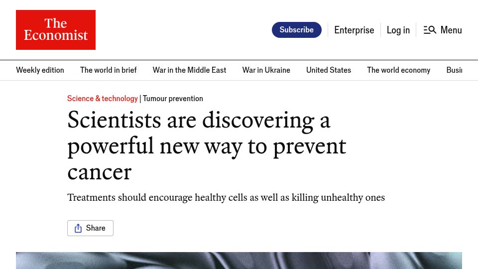 Screenshot of economist.com: Scientists are discovering a powerful new way to prevent cancer