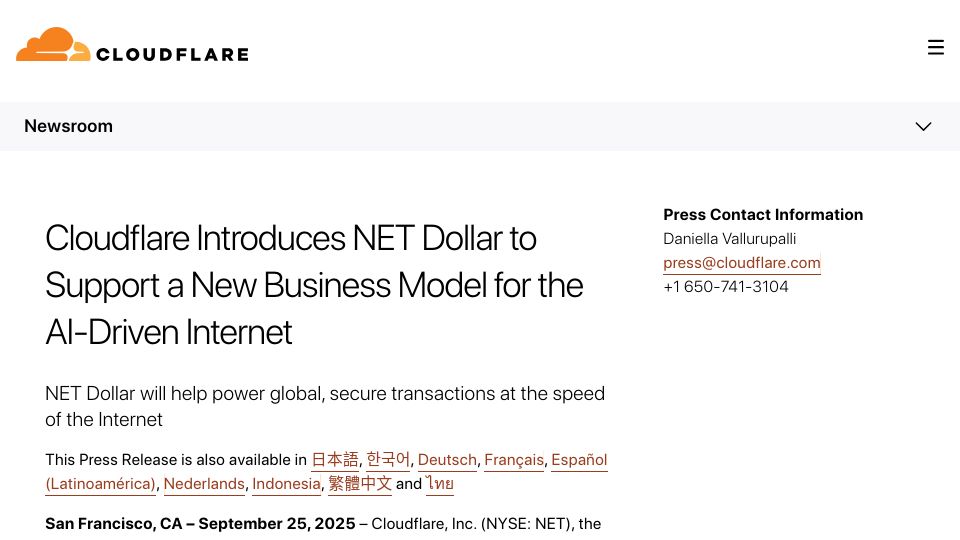 Screenshot of cloudflare.com: Cloudflare Introduces NET Dollar stable coin