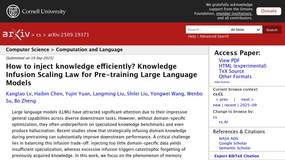 Screenshot of arxiv.org: How to inject knowledge efficiently? Knowledge infusion scaling law for LLMs