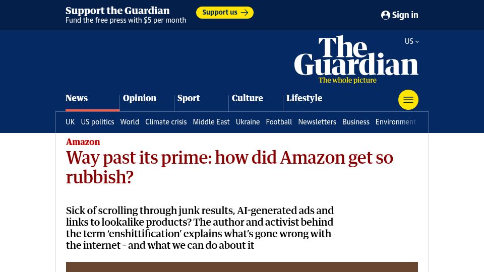 Screenshot of theguardian.com: Way past its prime: how did Amazon get so rubbish?