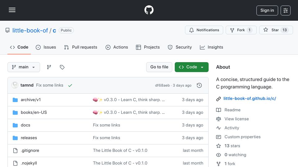 Screenshot of github.com: Show HN: The Little Book of C