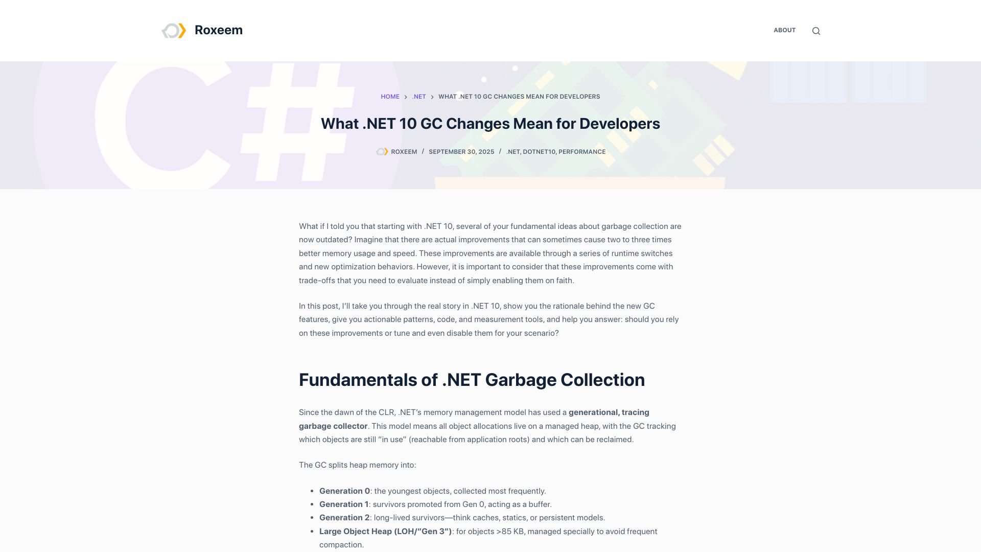 Screenshot of roxeem.com: What .NET 10 GC changes mean for developers