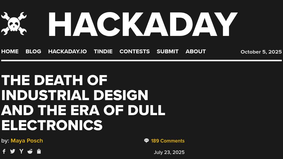 Screenshot of hackaday.com: The death of industrial design and the era of dull electronics
