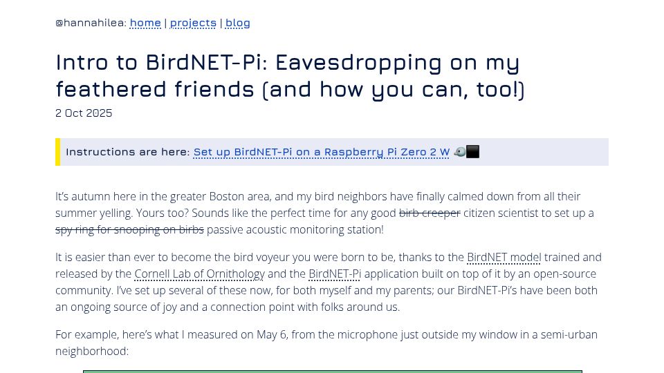 Screenshot of hannahilea.com: Intro to BirdNET-Pi: Eavesdropping on my feathered friends