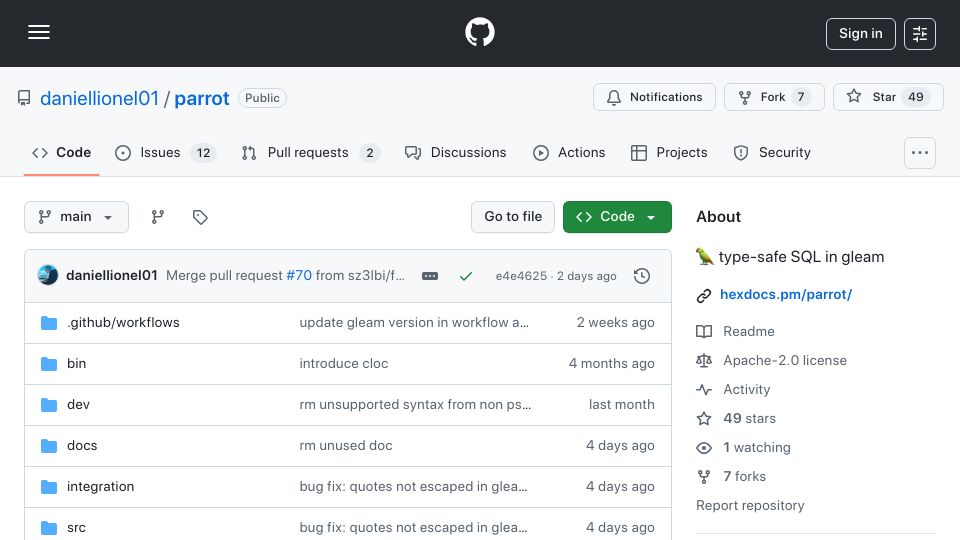 Screenshot of github.com: Parrot – type-safe SQL in Gleam, supports SQlite, PostgreSQL and MySQL