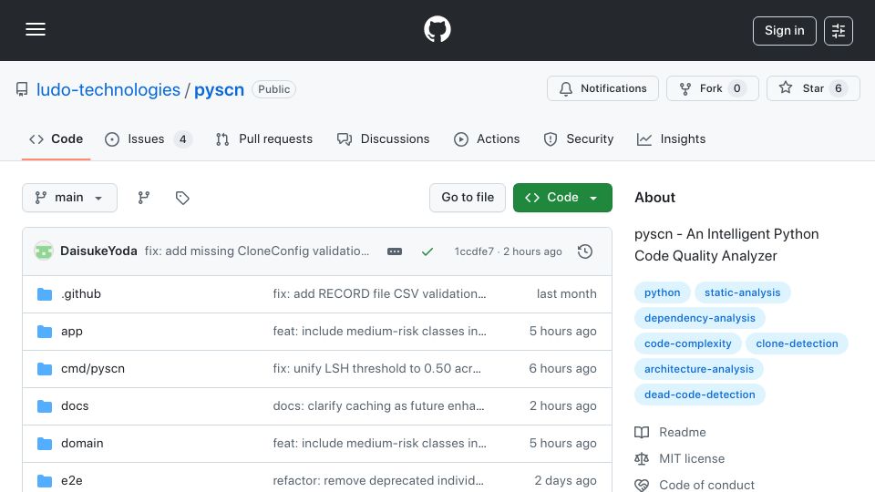 Screenshot of github.com: Show HN: Pyscn – Python code quality analyzer for vibe coders