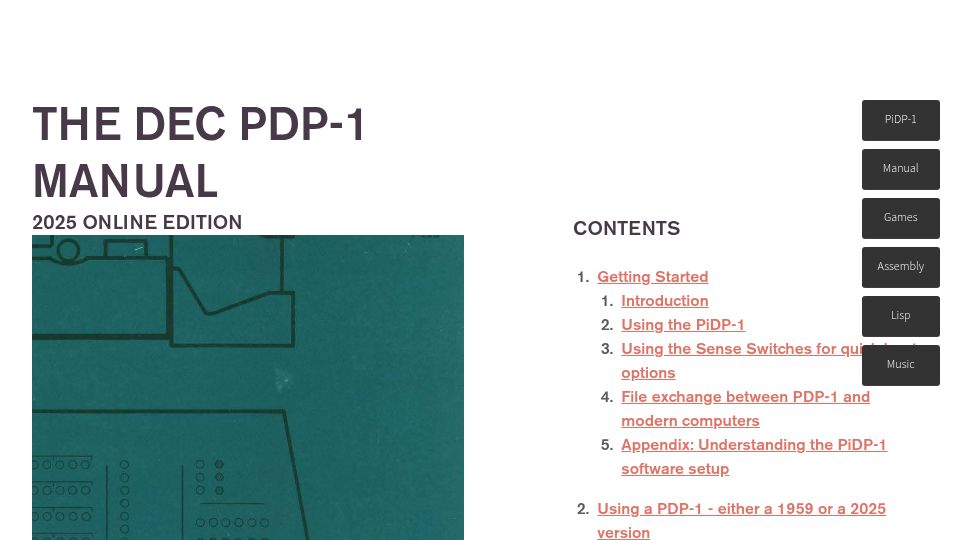 Screenshot of obsolescence.dev: A 2025 manual to the DEC PDP-1