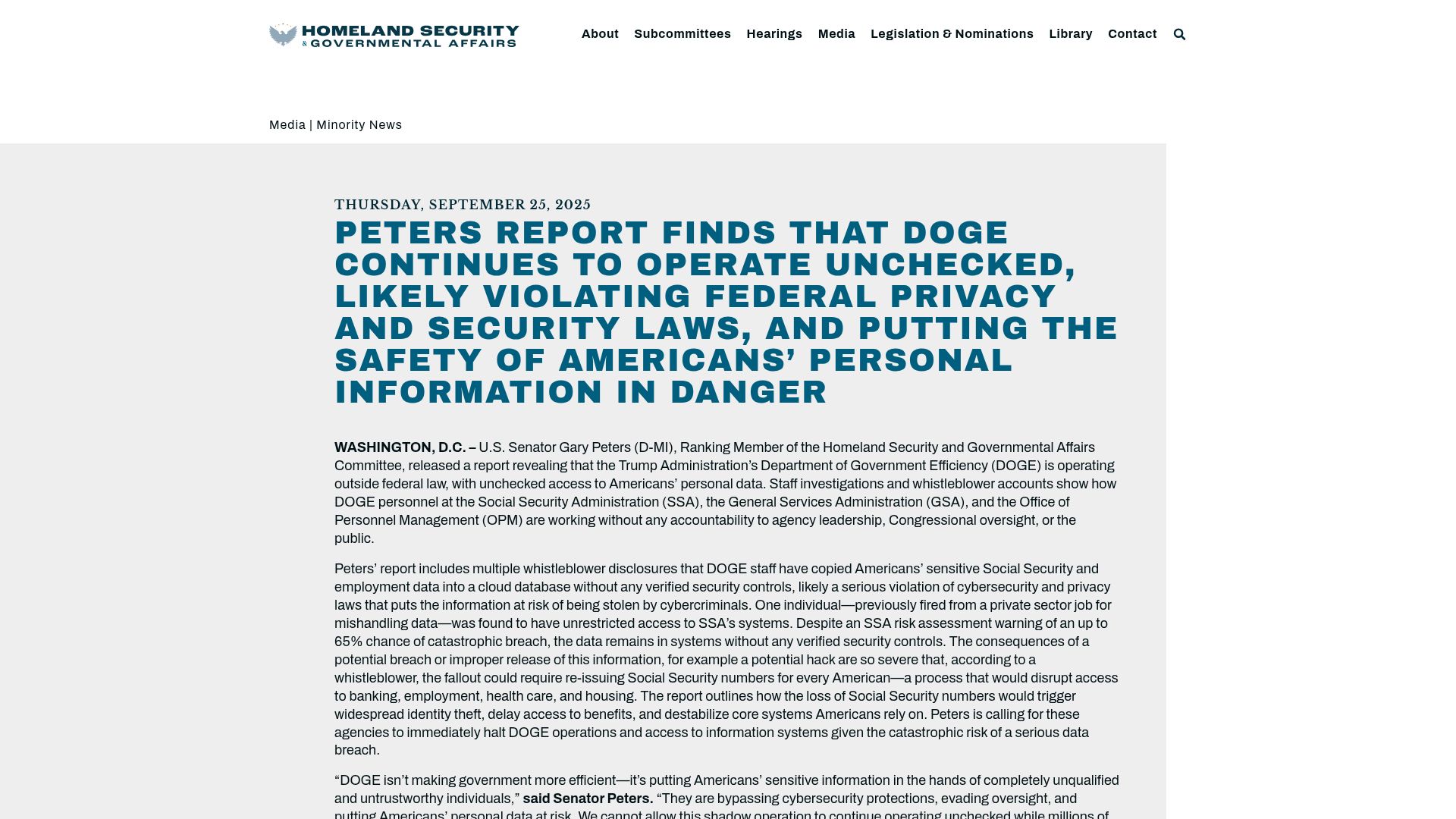 Screenshot of hsgac.senate.gov: Unchecked and Unaccountable: How DOGE Jeopardizes Americans' Data