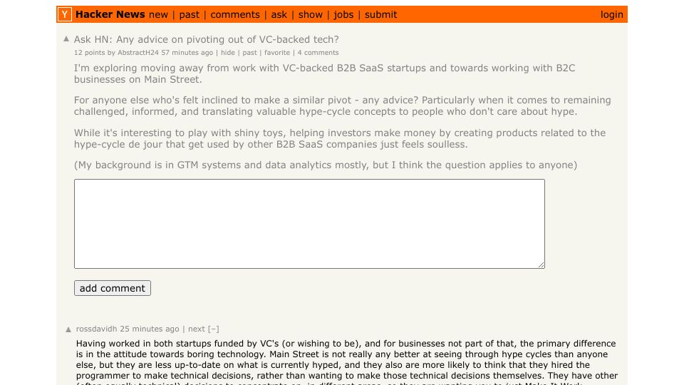 Screenshot of Hacker News post: Ask HN: Any advice on pivoting out of VC-backed tech?
