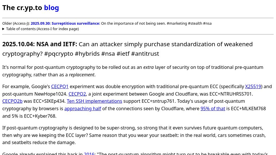 Screenshot of blog.cr.yp.to: NSA and IETF: Can an attacker purchase standardization of weakened cryptography?
