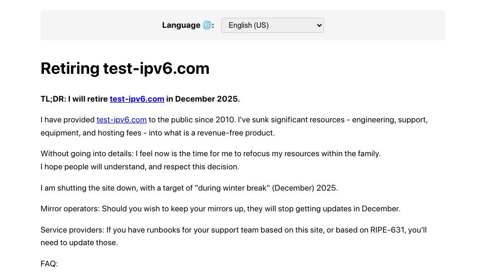 Screenshot of retire.test-ipv6.com: Retiring Test-Ipv6.com