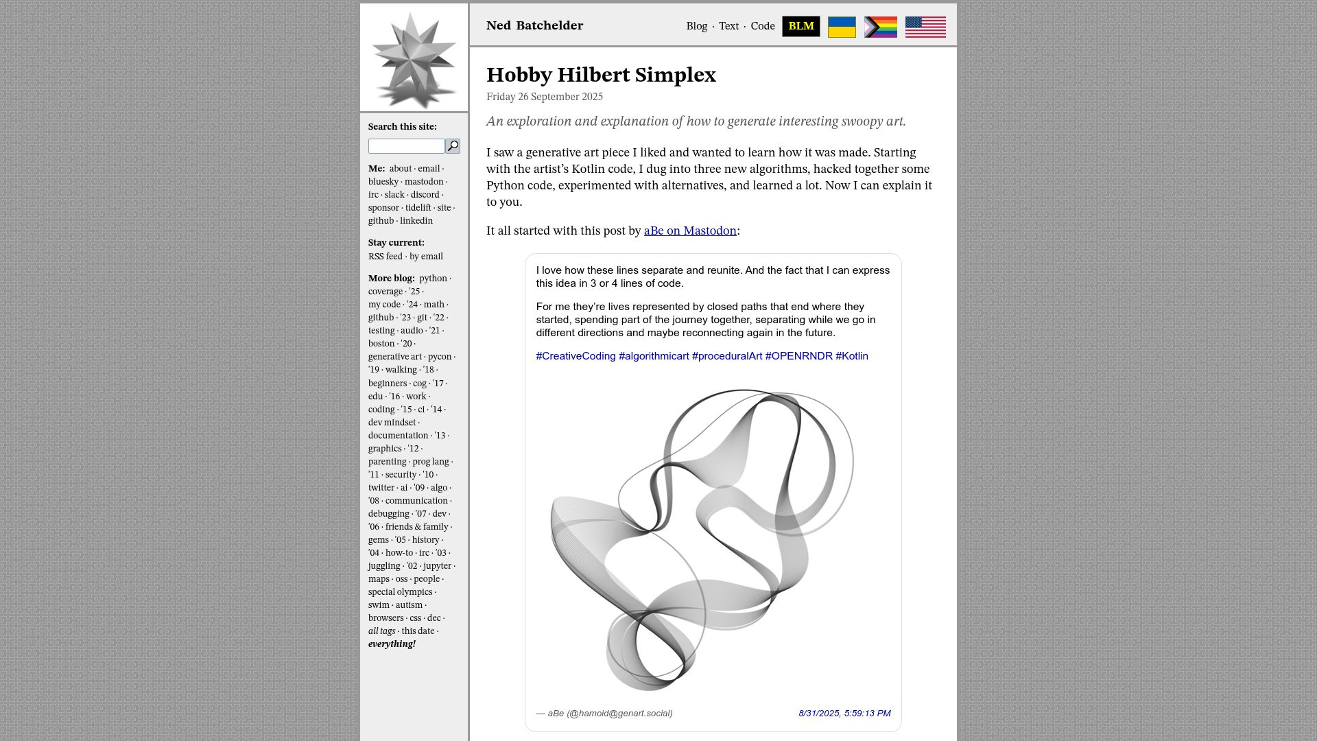 Screenshot of nedbatchelder.com: Hobby Hilbert Simplex