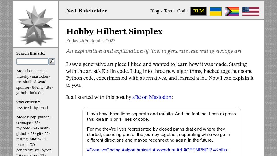 Screenshot of nedbatchelder.com: Hobby Hilbert Simplex