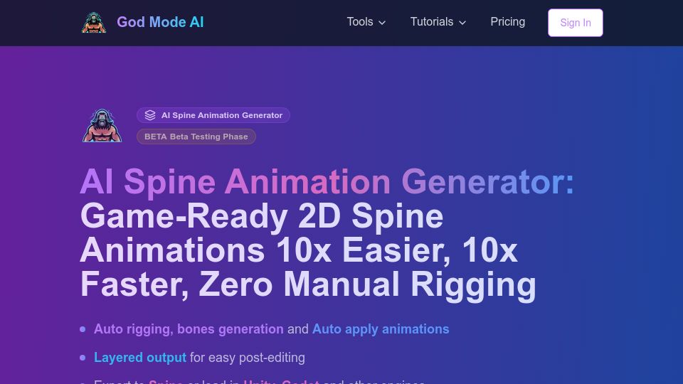 Screenshot of godmodeai.co: Show HN: 2D Spine Animation AI for Game