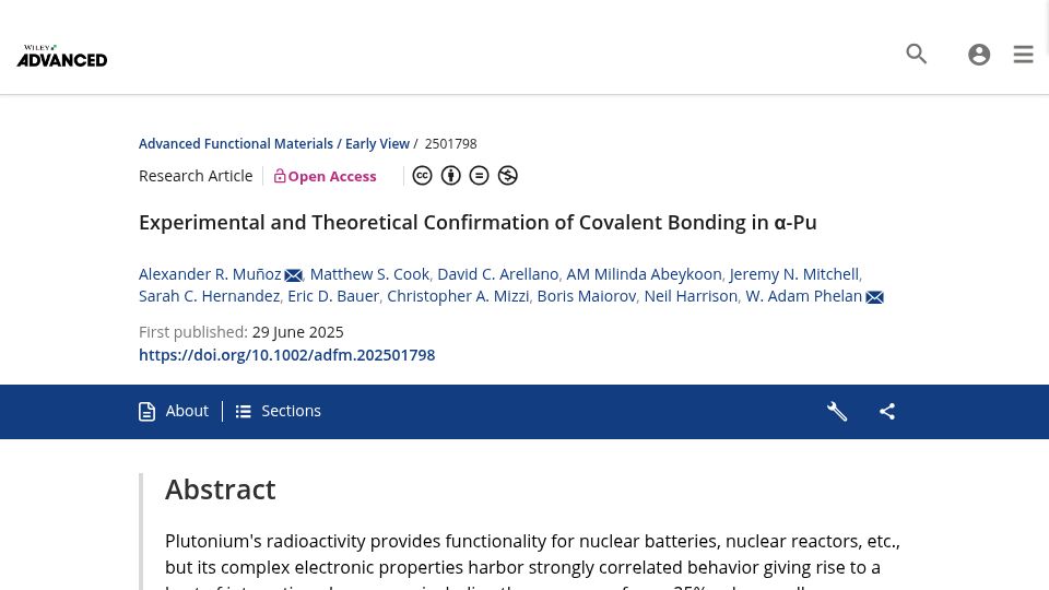 Screenshot of advanced.onlinelibrary.wiley.com: Experimental and Theoretical Confirmation of Covalent Bonding in α-Pu