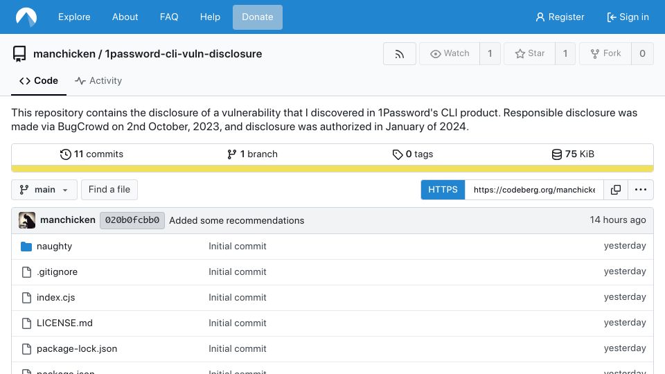 Screenshot of codeberg.org: 1Password CLI Vulnerability (2023)