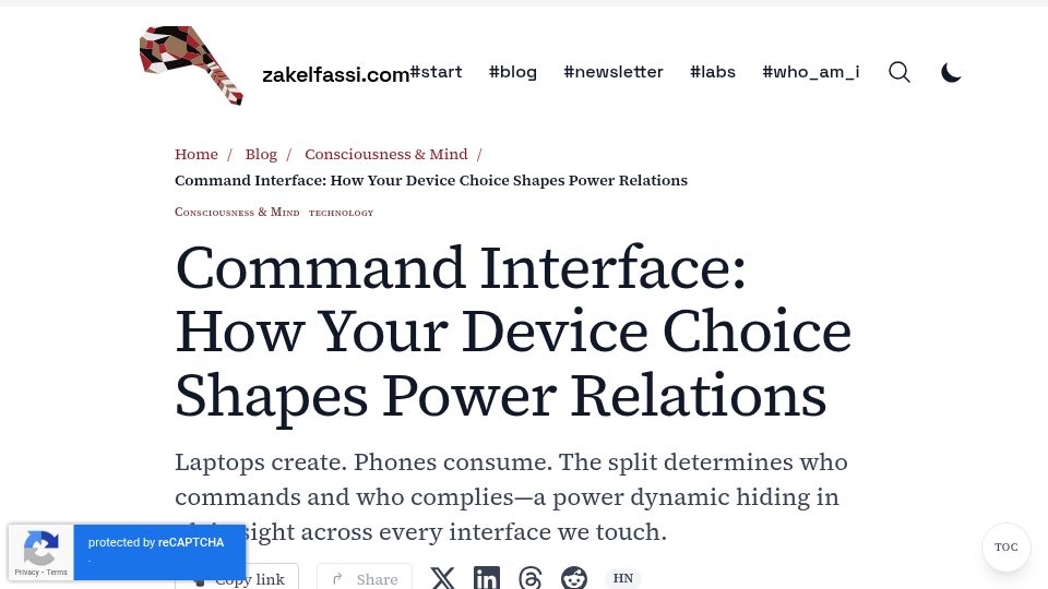 Screenshot of zakelfassi.com: Laptops create systems. Phones feed algorithms. The asymmetry determines power