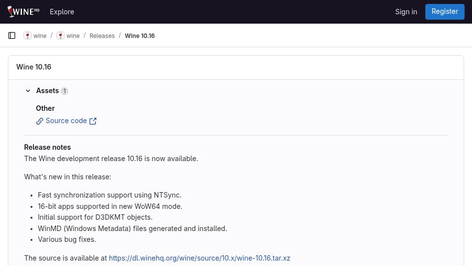 Screenshot of gitlab.winehq.org: Wine 10.16 (Dev) – Run Windows Applications on Linux, BSD, Solaris and macOS