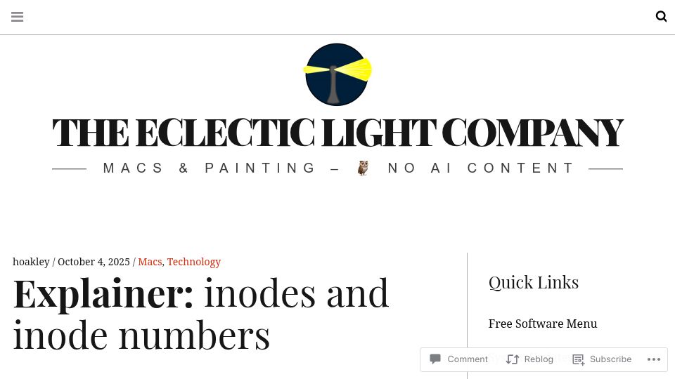 Screenshot of eclecticlight.co: Explainer: Inodes and Inode Numbers