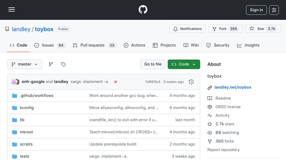 Screenshot of github.com: Toybox: All-in-one Linux command line