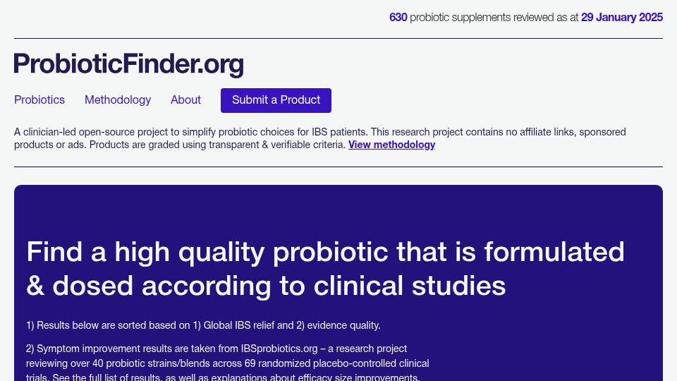 Screenshot of probioticfinder.org: Probiotics Finder