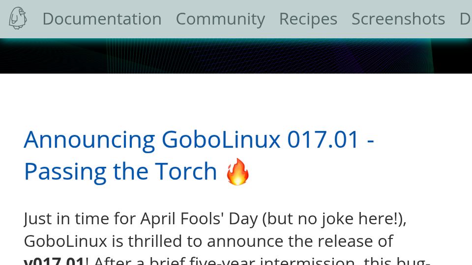 Screenshot of gobolinux.org: GoboLinux 017.01 – Passing the Torch